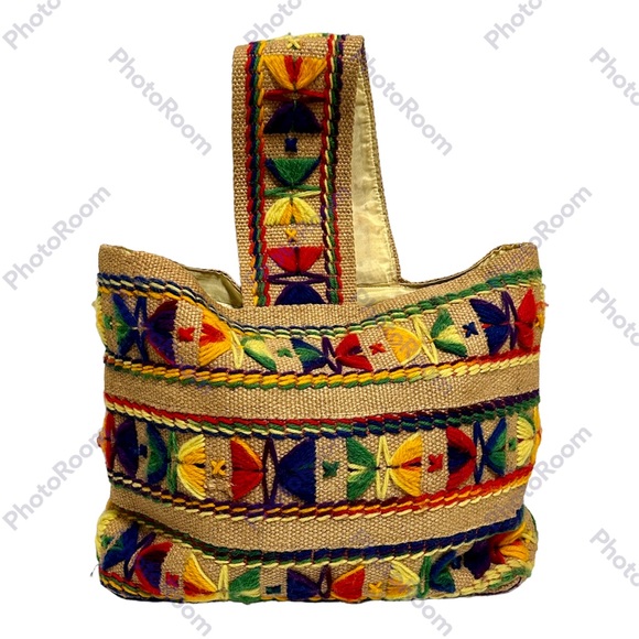 not marked Handbags - Vintage 70s Burlap Purse Bag Tote Multi Color Embroidery BOHO Hippie 14"